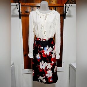 NWT Black Floral Classics Entier Skirt (12) with Loft Off White Blouse (M)